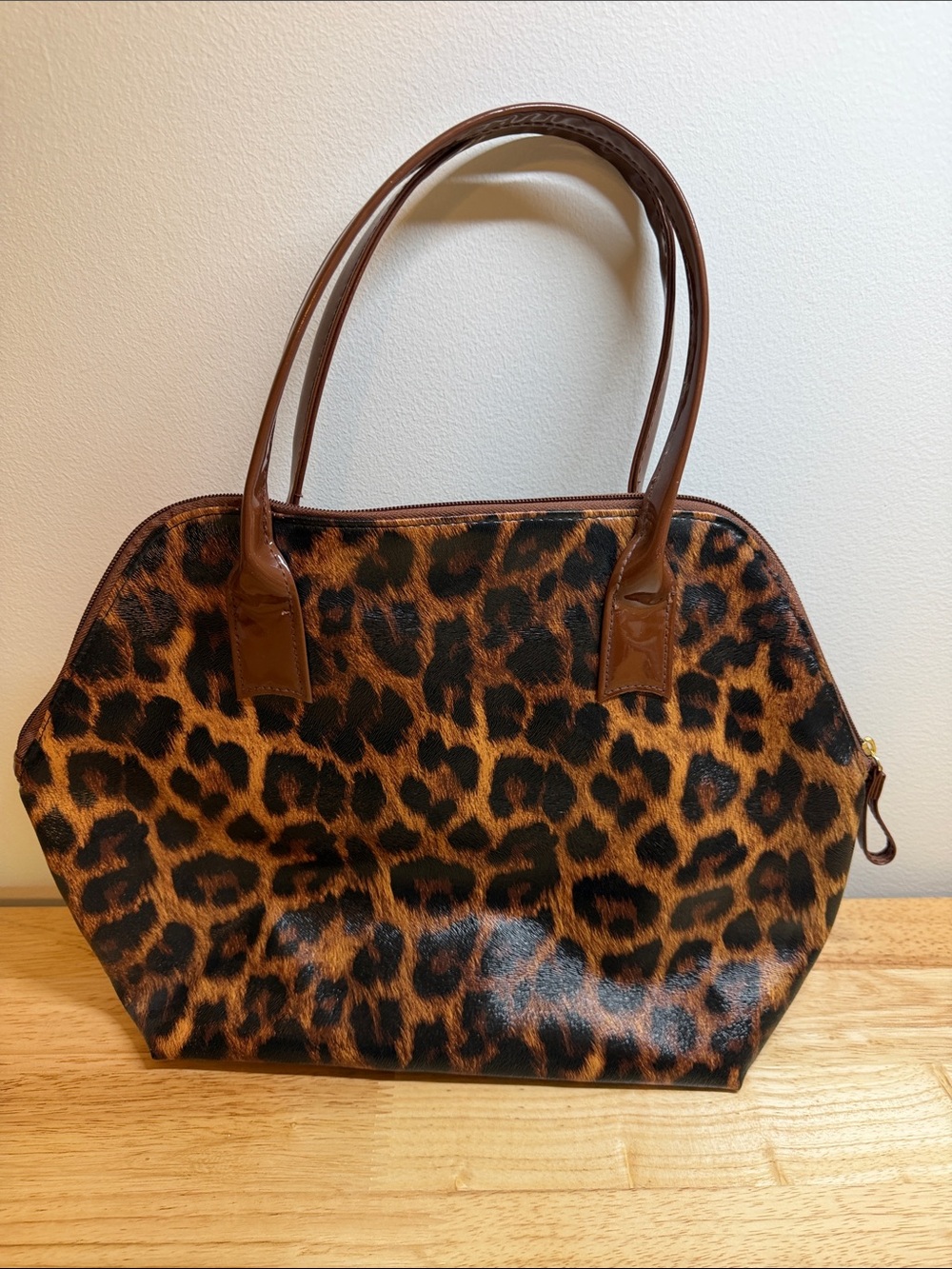 Elizabeth Arden Leopard-Print Tote with Brown Patent Leather Handles NWOT
